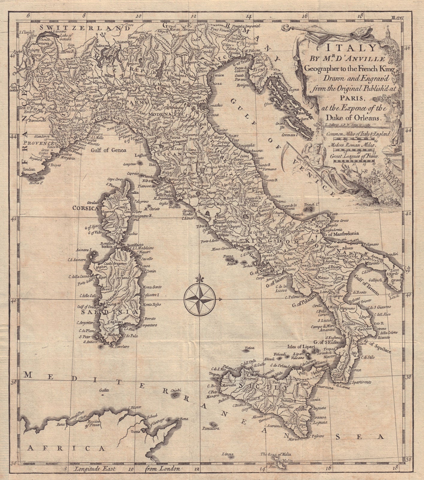 Italy by Mr D'Anville Geographer to the French King. GENTS MAG 1747 old map